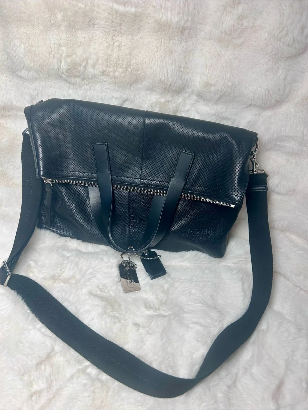 Coach Thompson 70718 Black Perforated Leather Foldover Tote + Original Box